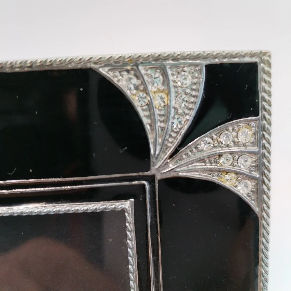 Vintage Art Deco Style Mini Picture Frame Black Enamel Rhinestone Square 2x2